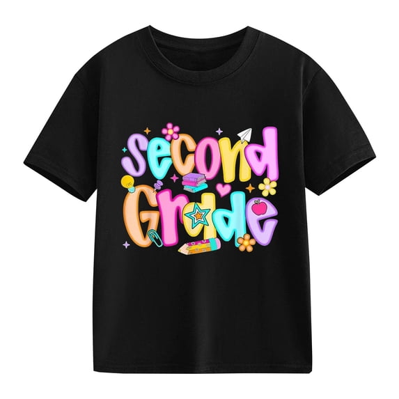 YunPes Boys & Girls Second Grade Graphic Print T-shirt Fashion Versatile Short Sleeve Tees Kids Back To School Casual Daily Tops