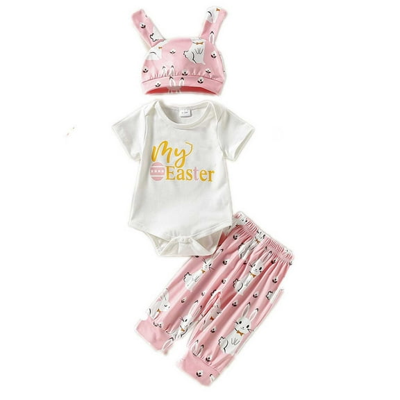 YunPes Boys Girls Short Sleeve Easter Letter Cartoon Bunny Prints Romper Bodysuit Pants with Hat Outfits Winter Outfits for Boys 8 Years Old