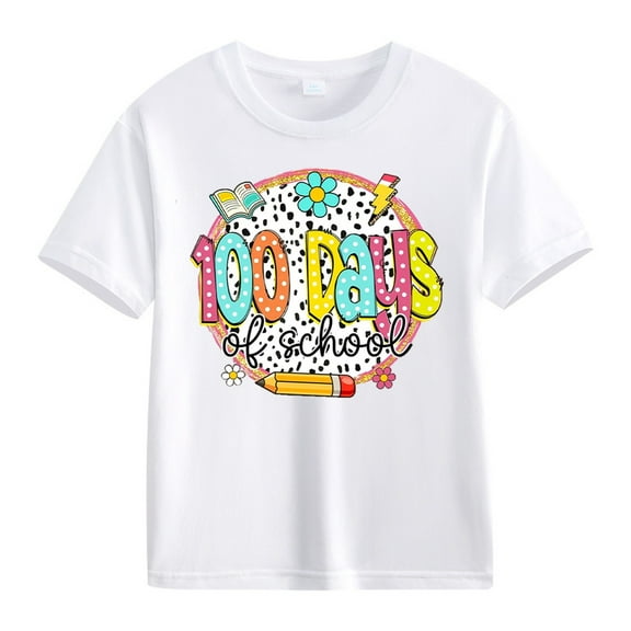 YunPes Boys Girls T-Shirt 100 Days of School Shirt Short Sleeve Round Neck Graphic Cartoon Print Cotton Short Shirt