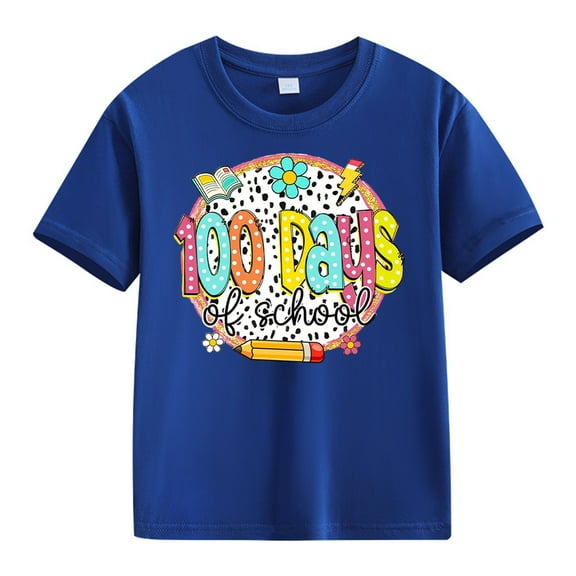 YunPes Boys Girls T-Shirt 100 Days of School Shirt Short Sleeve Round Neck Graphic Cartoon Print Cotton Short Shirt
