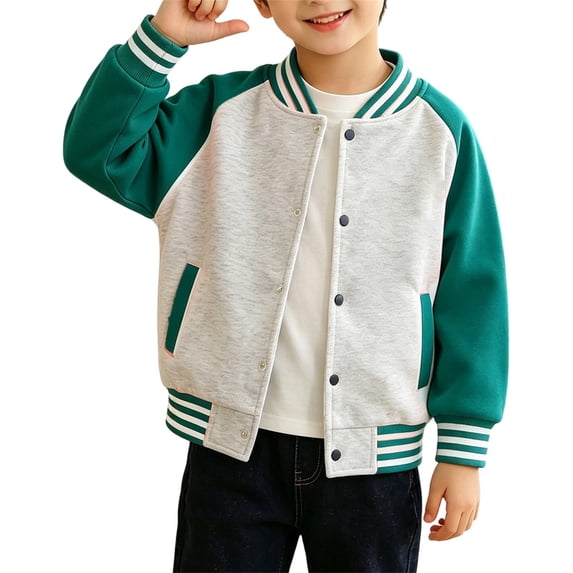 YunPes Boys Girls Varsity Jacket Snap Long Sleeve Baseball Outerwear with Striped Ribbed Cuff Fall Back to School Daily Jacket Coat