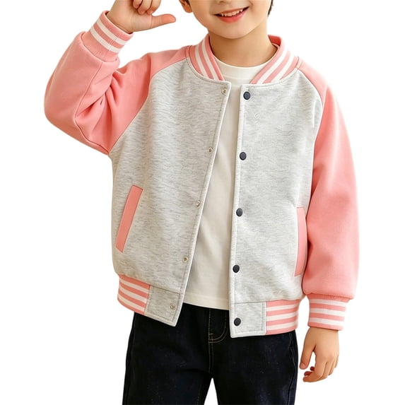 YunPes Boys Girls Varsity Jacket Snap Long Sleeve Baseball Outerwear with Striped Ribbed Cuff Fall Back to School Daily Jacket Coat