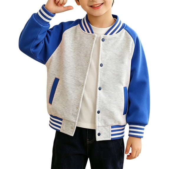 YunPes Boys Girls Varsity Jacket Snap Long Sleeve Baseball Outerwear with Striped Ribbed Cuff Fall Back to School Daily Jacket Coat