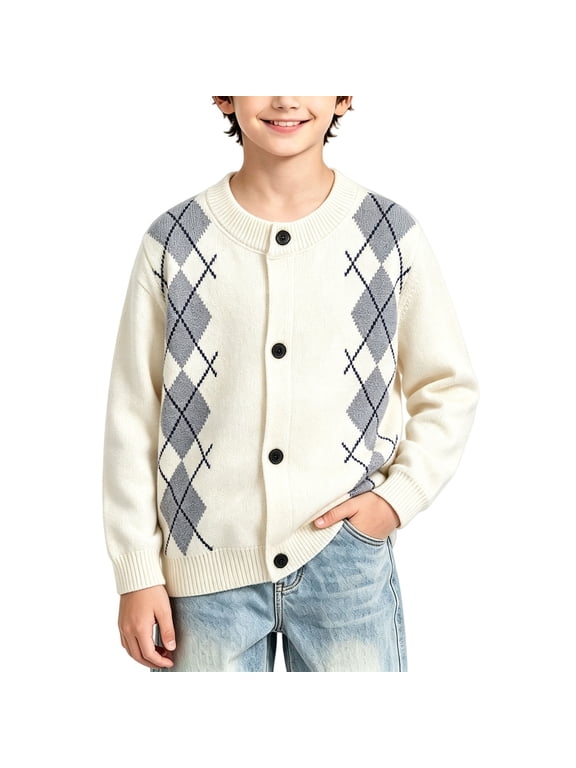 Boys School Uniform Sweater Crew Neck Button Down Argyle Knit Cardigan Kids Soft Knit Jacket Fall Winter Casual Wear