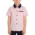thumbnail image 1 of YunPes Boys Short Sleeve Dress Shirts Classic Lapel Button Down Shirt with Chest Pocket Summer Kids Uniform Color Block Blouse Tops, 1 of 4