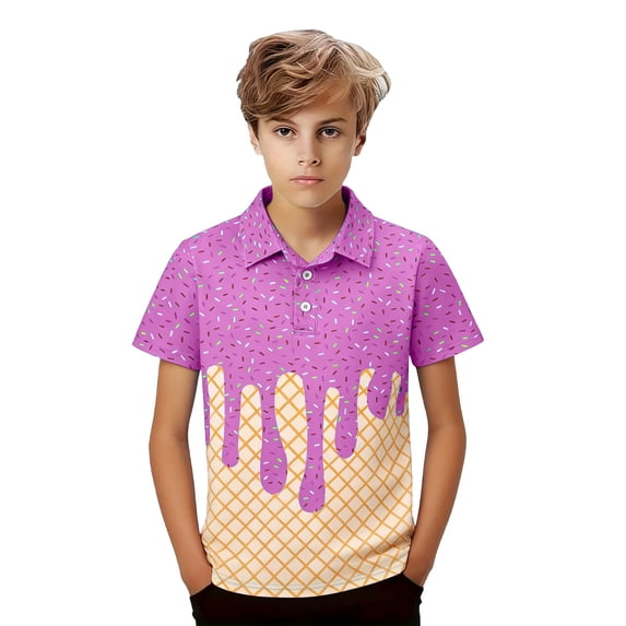 YunPes Boys Short Sleeve Polo Shirts Ice Cream Graphic Print Collared Golf Shirts Funny Preppy Uniform Kids Summer Pullovers