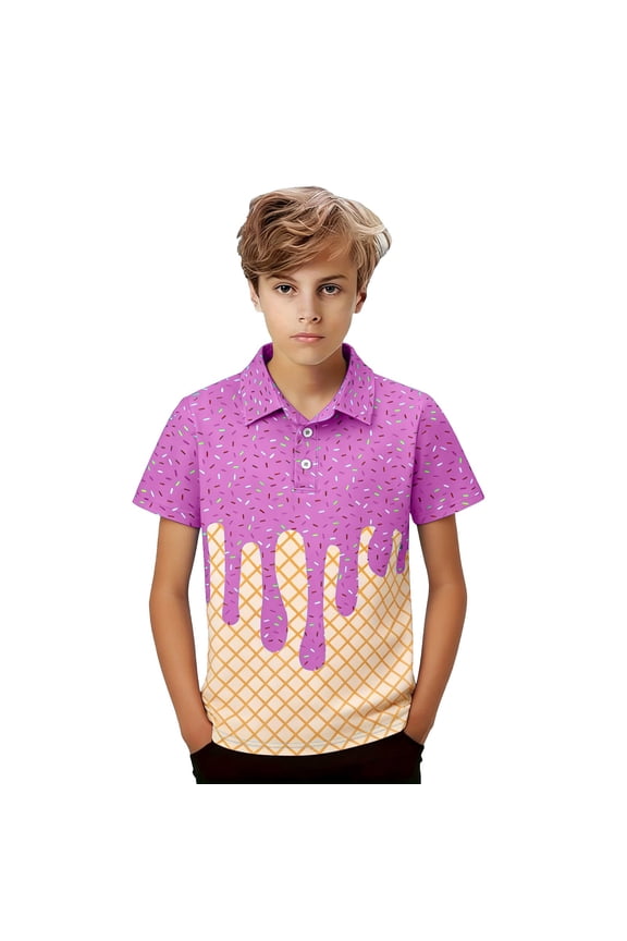 Boys Short Sleeve Polo Shirts Ice Cream Graphic Print Collared Golf Shirts Funny Preppy Uniform Kids Summer Pullovers
