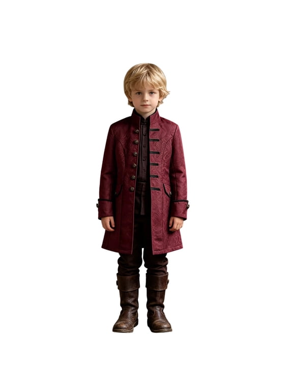 Boys Steampunk Pirate Jackets Renaissance Vintage Stand‑Collar Long Overcoat Gothic Victorian Uniform for Halloween Party Stage Play