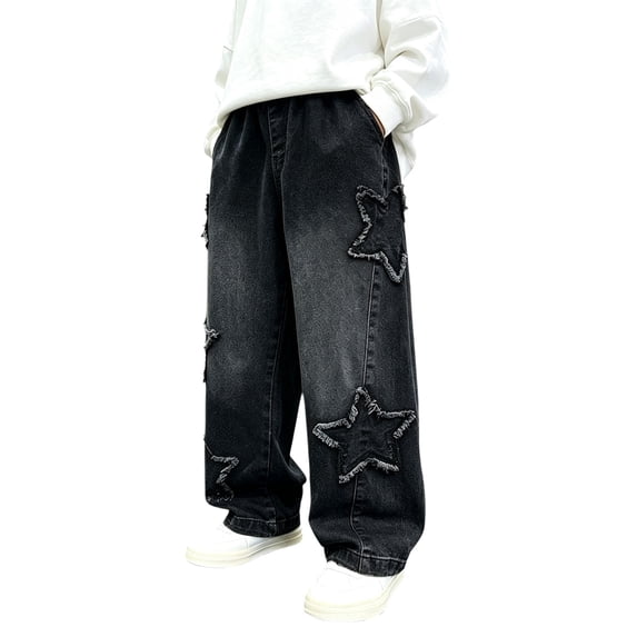 YunPes Boys Trendy Baggy Denim Pants Frayed Star Patch Wide Leg Jeans Vintage Y2K Casual Trousers Teen Harajuku Grunge Jeans