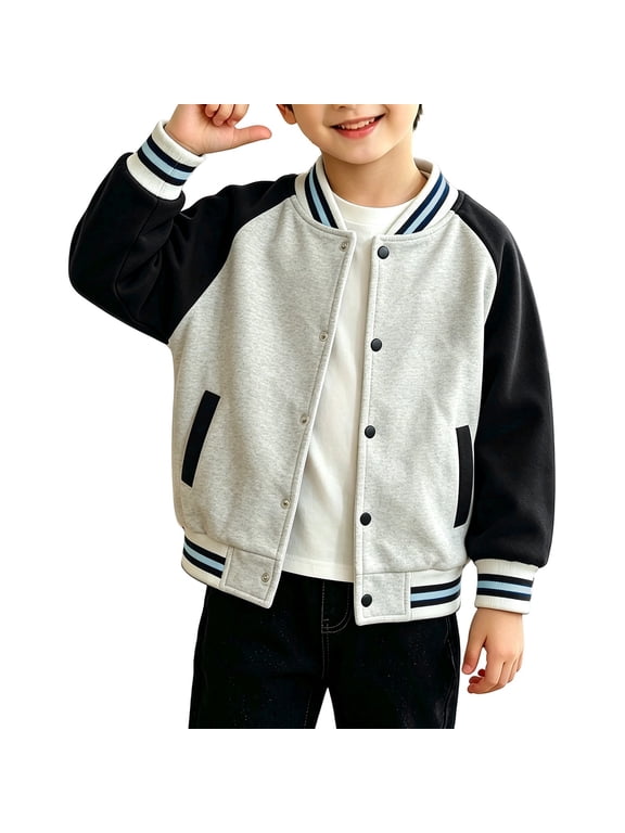 Boys Varsity Jackets Striped Ribbed Mock Collar Baseball Outerwear Toddler Teen Letterman Bomber Jacket Fall School Coat