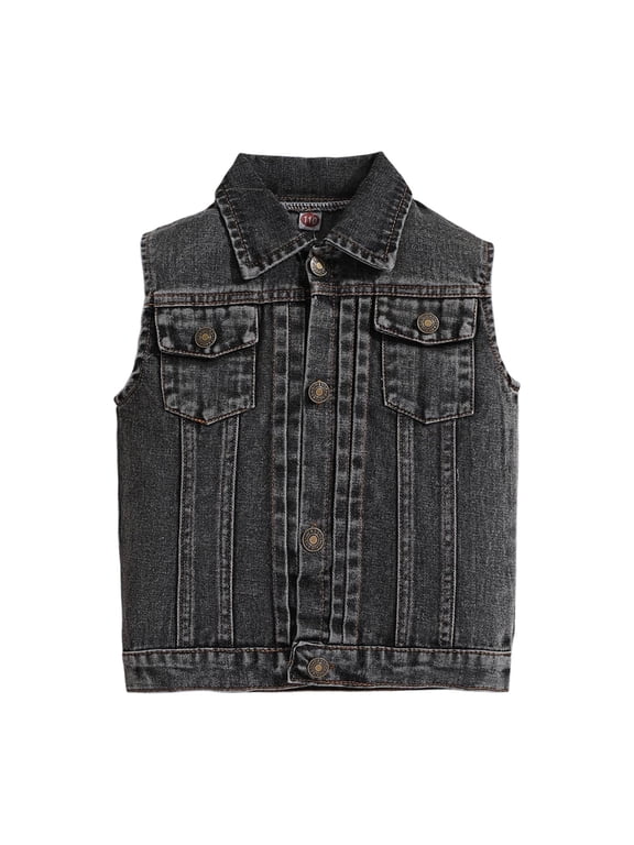 Boys Vintage Denim Vest Button-Up Sleeveless Collar Jean Jacket Toddler Kids Spring & Fall Versatile Layering Outerwear