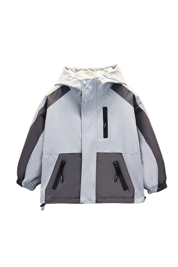 Boys Windbreaker Jacket Color Block Waterproof Hooded Raincoat with Zipper Pockets Casual Handsome Kids Outdoor Active Hiking Coat