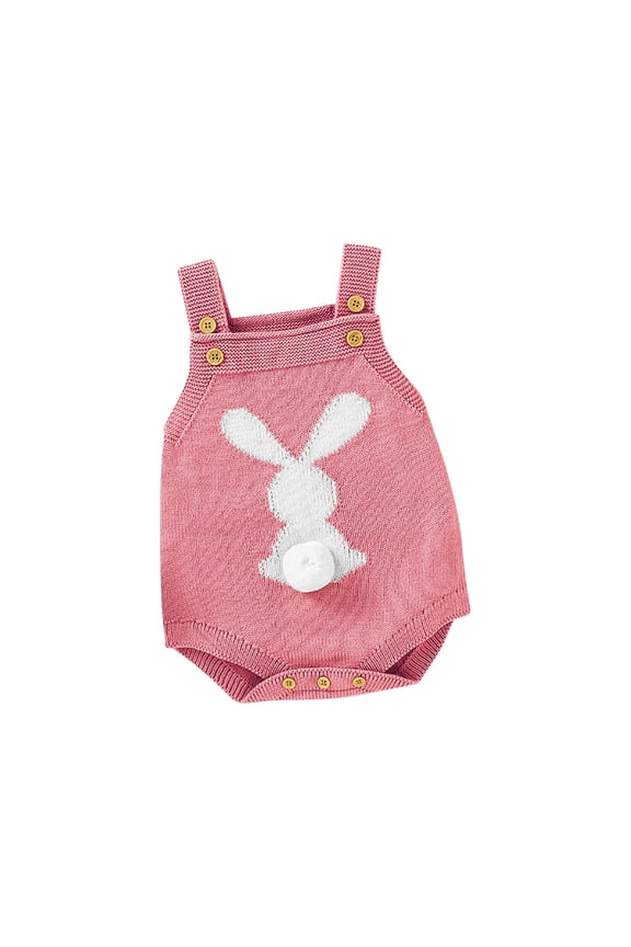 Boys and Girls 3D Bunny Tail Decoration Suspenders Knitted Romper Children's Easter Wear Boys Snap up Rompers