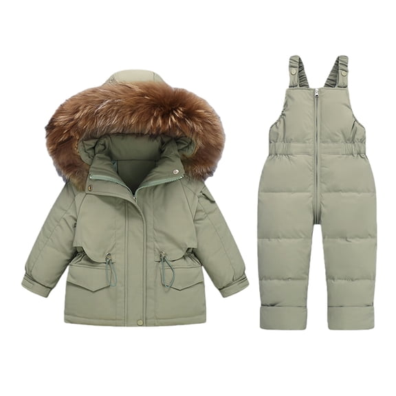 YunPes Boys and Toddlers' Snow Suit Two Piece Zip up Plush Faux Fu𝗿 Hooded Puffer Jacket& Rain Bib Snow Pants Waterproof Outfit