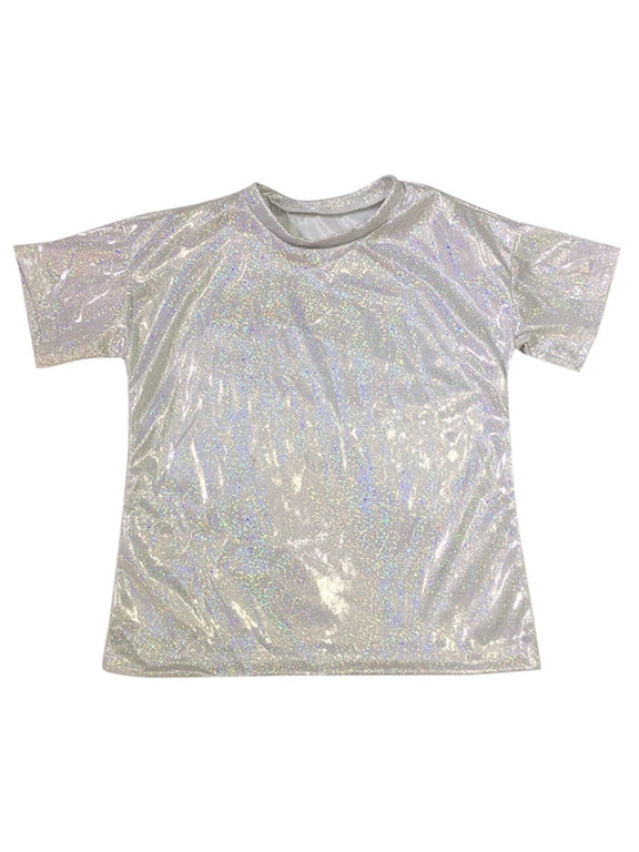 Children Boys Girls Glitter Shiny Metallic T Shirt Short Sleeve Jazz Hip Hop Modern Dance Disco Streetwear Birthday Shirts