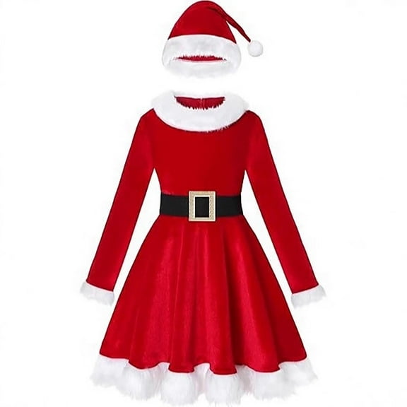 YunPes Christmas Dress Set for Girls Teen Red Velvet Tunic Pleated Dress with Hat Winter Warm Birthday Party Dresses