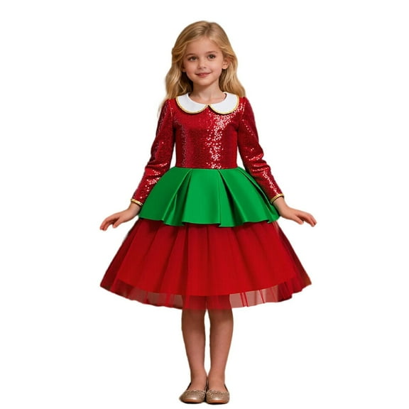 YunPes Christmas Dress for Girls Santa Layered Tulle Sequins Long Sleeve Skirt Kids Crewneck Holiday Stage Performance Dresses