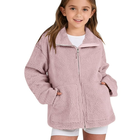 YunPes Cozy Fuzzy Jacket for Girls Lapel Zip Up Winter Warm Outerwear with Pockets Teen Outdoor Windproof Fleece Coat