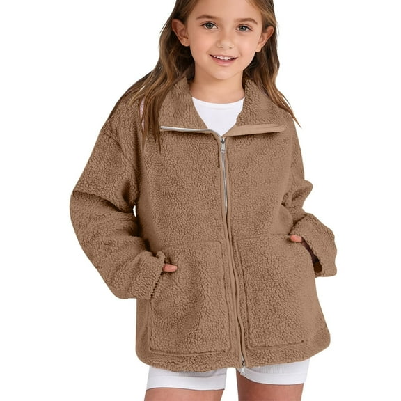 YunPes Cozy Fuzzy Jacket for Girls Lapel Zip Up Winter Warm Outerwear with Pockets Teen Outdoor Windproof Fleece Coat