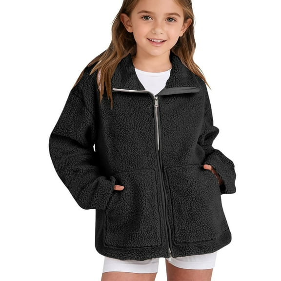 YunPes Cozy Fuzzy Jacket for Girls Lapel Zip Up Winter Warm Outerwear with Pockets Teen Outdoor Windproof Fleece Coat