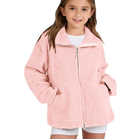 YunPes Cozy Fuzzy Jacket for Girls Lapel Zip Up Winter Warm Outerwear with Pockets Teen Outdoor Windproof Fleece Coat