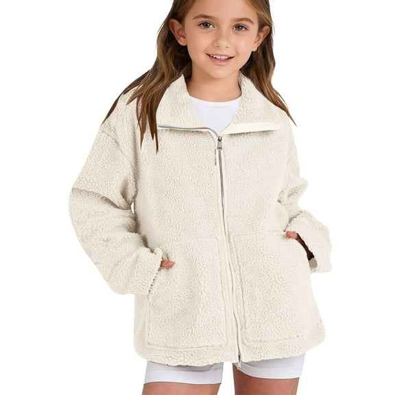 YunPes Cozy Fuzzy Jacket for Girls Lapel Zip Up Winter Warm Outerwear with Pockets Teen Outdoor Windproof Fleece Coat