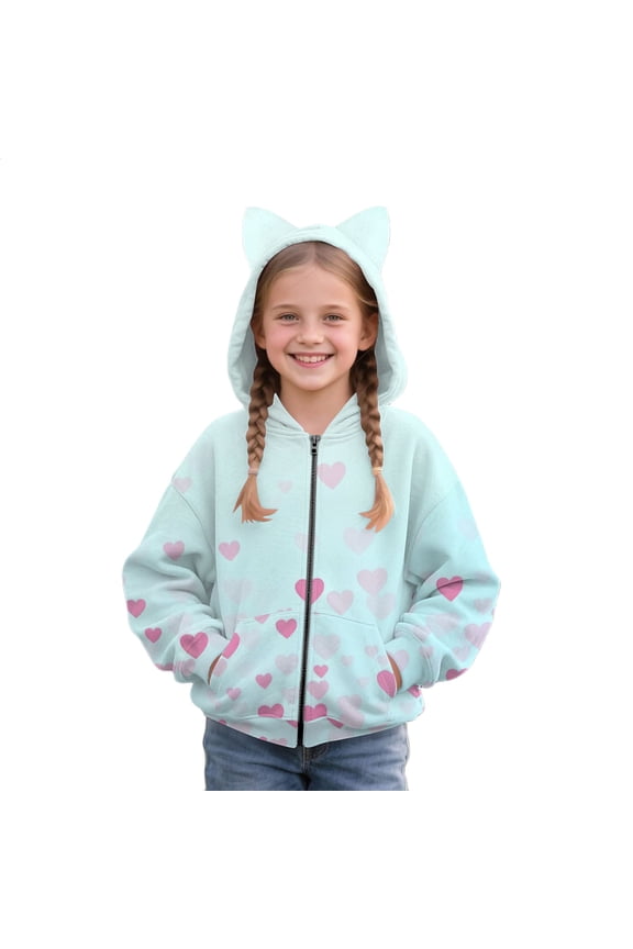 Cute Cat Ear Hoodies for Girls Heart Graphic Hooded Jacket Zip up Oversized Aesthetic Sweatshirts Valentines Day Fleece Coats
