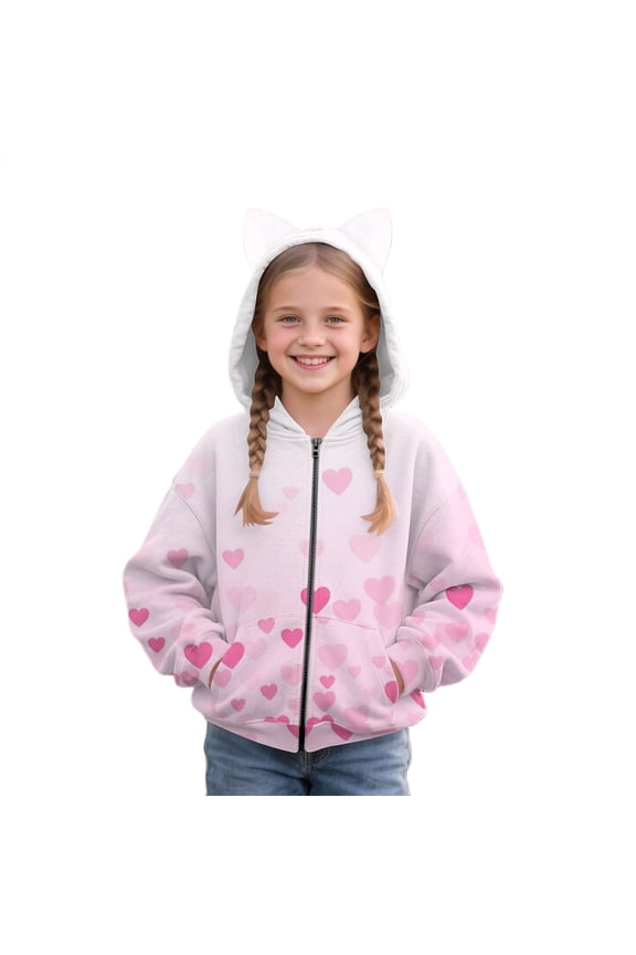 Cute Cat Ear Hoodies for Girls Heart Graphic Hooded Jacket Zip up Oversized Aesthetic Sweatshirts Valentines Day Fleece Coats