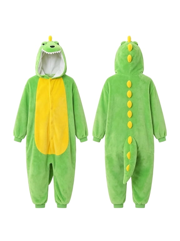 Cute Dinosaur Onesie Kids Soft Flannel Zipper Jumpsuit 3D Spikes & Tail Halloween Party Funny Animal Dress-Up Wear for Boys & Girls