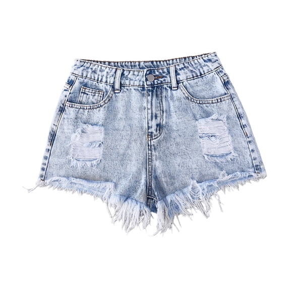 YunPes Denim Shorts Girls Summer High Waist Straight Leg Ripped Raw Hem Y2K Casual Jean Shorts Kid Cute Denim Hot Pants Washed Jeans