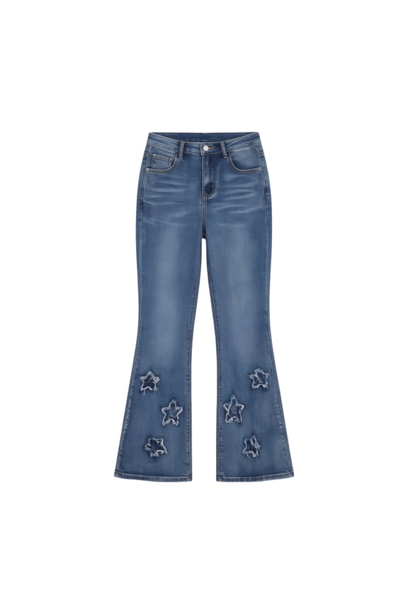 Flare Jeans for Girls Star Patch Distressed High Waist Denim Pants Bell Bottom Kids Fashion Cute Y2K Streetwear 5-12Y