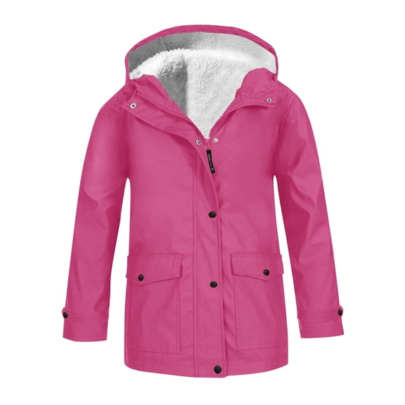 YunPes Fleece Lined Raincoat for Girls Solid Hooded Zipper Button Down Windproof Warm Jacket with Toddler Girls Winter Coat