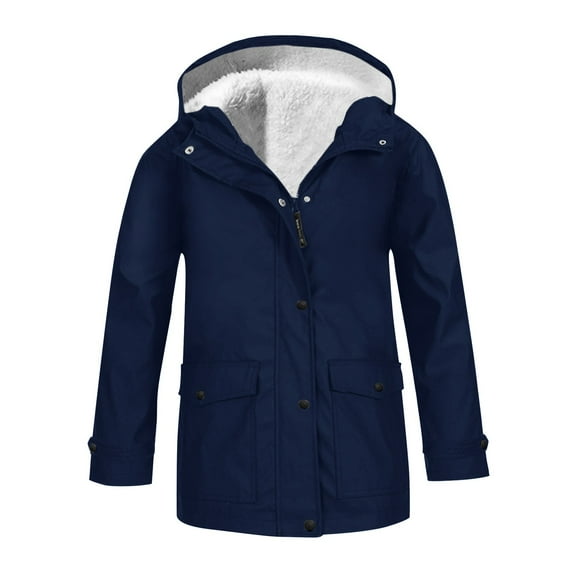 YunPes Fleece Lined Raincoat for Girls Solid Hooded Zipper Button Down Windproof Warm Jacket with Toddler Girls Winter Coat