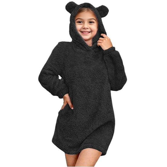 YunPes Fleece Pullover Girls Sweater Dress Winter Warm Hoodies Sweatshirts for Teens Cute Bear Ear Fuzzy Long Cozy Tops