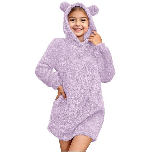 YunPes Fleece Pullover Girls Sweater Dress Winter Warm Hoodies Sweatshirts for Teens Cute Bear Ear Fuzzy Long Cozy Tops