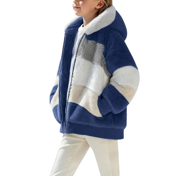YunPes Fleece Zip Up Hoodies for Girls Oversized Patchwork Fuzzy Plush Thermal Jacket Kids Thick Sherpa Winter Warm Outwear