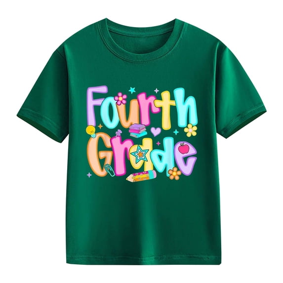 YunPes Fourth Grade Girls Boys First Day of School T-shirts Funny Graphic Print Short Sleeve Tops Kids Summer Crewneck Tee Back to School