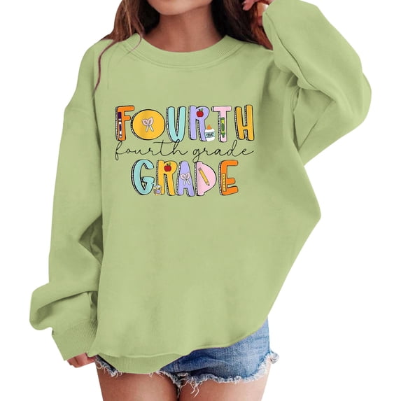 YunPes Fourth Grade Girls Sweatshirt Long Sleeve Crewneck Print Pullovers Oversized Spring Autumn Tops for Kids Back to School