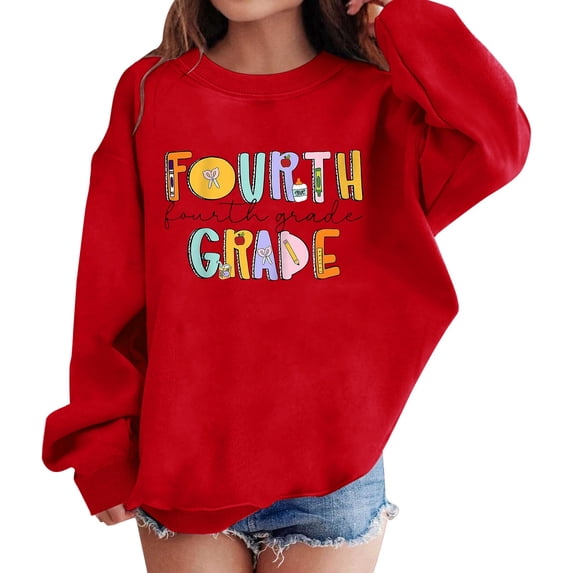 YunPes Fourth Grade Girls Sweatshirt Long Sleeve Crewneck Print Pullovers Oversized Spring Autumn Tops for Kids Back to School