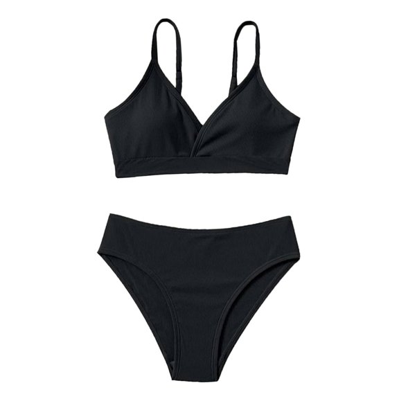 YunPes Girl Swimsuit 2 Pieces Ribbed Bikini Solid Bathing Suit Adjustable Spaghetti Strap Swimwear Padded Tankini Set Cute Swim Suit