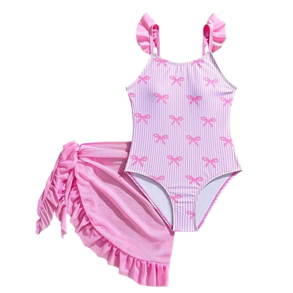 YunPes Girl's One Piece Swimsuit Cute Bow Striped Print Bating Suit with Beach Cover up Skirt Ruffle Ruched Bathing Suit Birthday