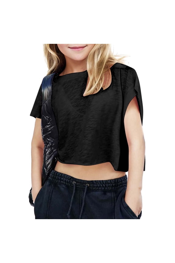 Girl's Open Back Workout Tops Oversized Crop Gym Shirts Loose Fit Criss Cross Short Sleeve Athletic Tee for Running Yoga