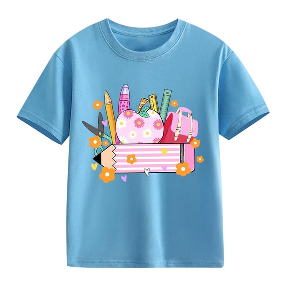 YunPes Girls Back To School T Shirt Floral Apple Crayon Ruler Scissors Backpack Graphic Print Short Sleeve Tees Kids Casual Daily Tops