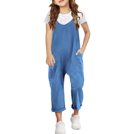 YunPes Girls Baggy Jumpsuits Cotton Linen Dungarees Teens Spaghetti Straps Wide Leg Overalls Kids Casual Trousers with Pocket