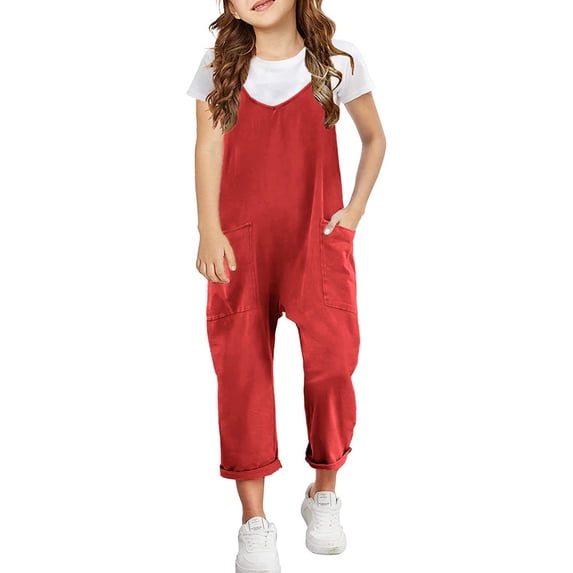 YunPes Girls Baggy Jumpsuits Cotton Linen Dungarees Teens Spaghetti Straps Wide Leg Overalls Kids Casual Trousers with Pocket