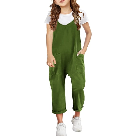 YunPes Girls Baggy Jumpsuits Cotton Linen Dungarees Teens Spaghetti Straps Wide Leg Overalls Kids Casual Trousers with Pocket