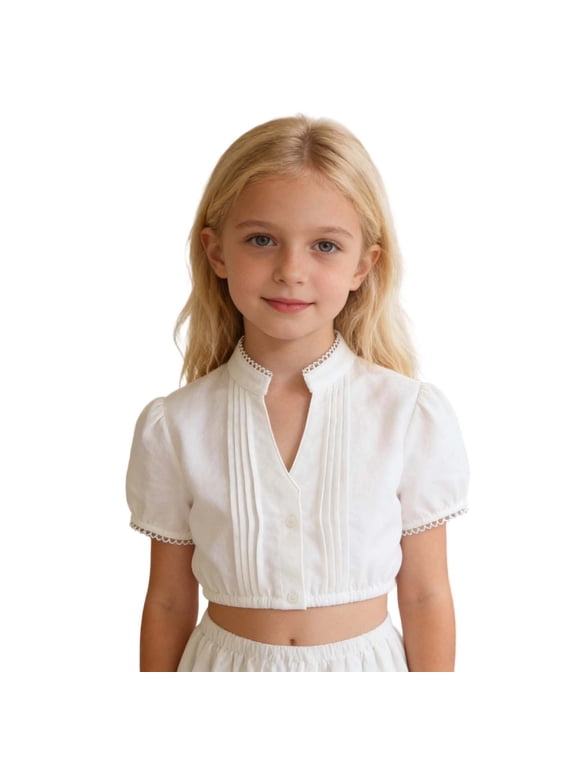 Girls Bavarian Oktoberfest Lace Puff Sleeve Dirndl Blouse White Cotton Pintuck Pleated Crop Tops with Lace Trim