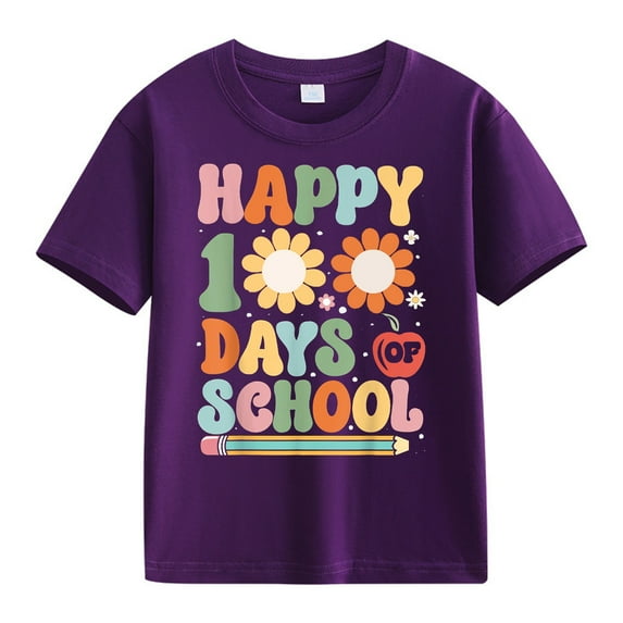 YunPes Girls Boys Casual Short Sleeved T Shirt Cute Happy 100 Days School Letter Print Tee Multicolor Top Tee Shirt for 2-14 Years