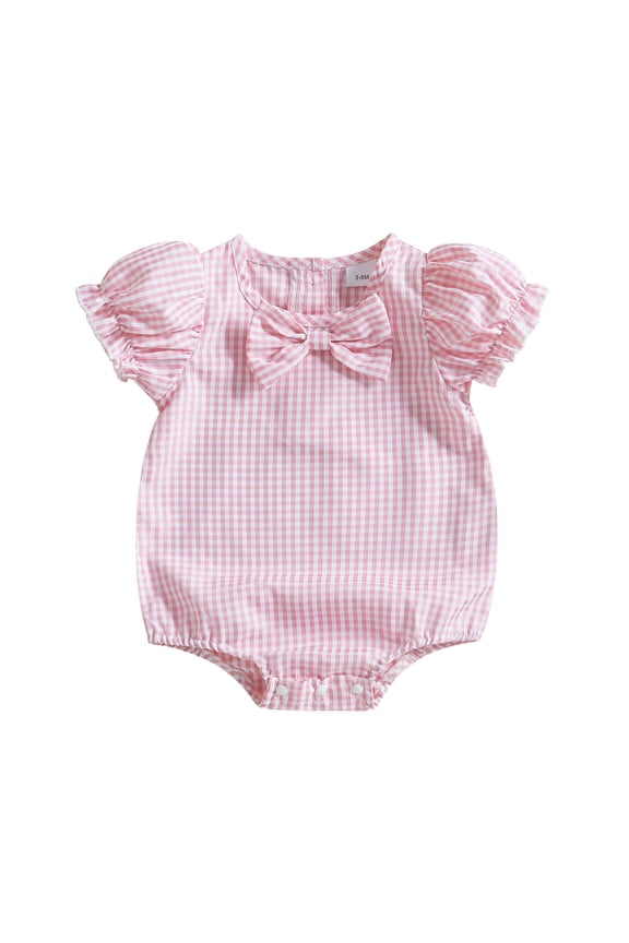 Girls Boys Romper Baby Plaid Comfortable Romper Bow Round Neck Romper Short Sleeved Casual Romper Twin Baby Girl Clothes