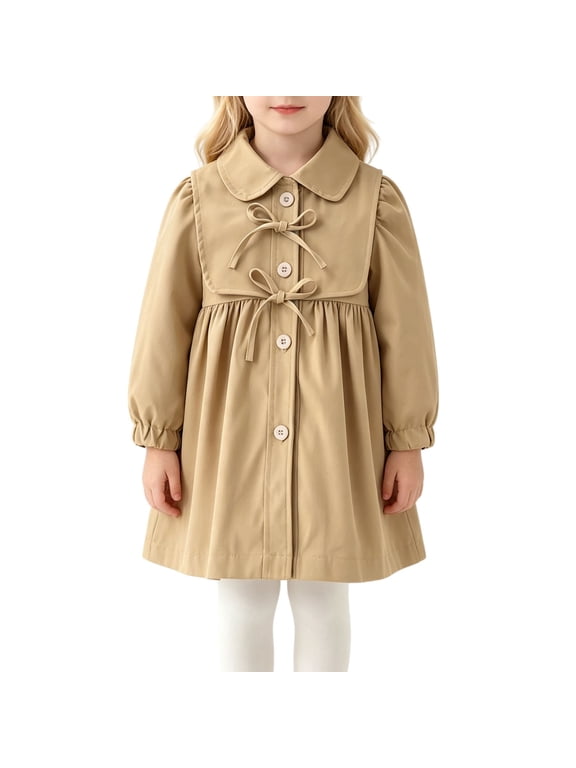 Girls Button-Up Trench Coat Peter Pan Collar Puffy Sleeve Outerwear Cute Overcoat Casual Fashion Jacket Outerwear Kids Fall Winter Clothes